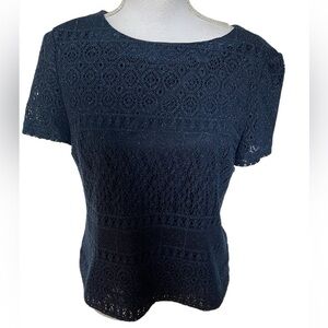 Halmode Petites Women’s Top Size 12P Navy Blue Short Sleeve Shimmer Button Back